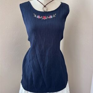 Jaclyn Smith Navy Tank with Embroidered Floral Trim